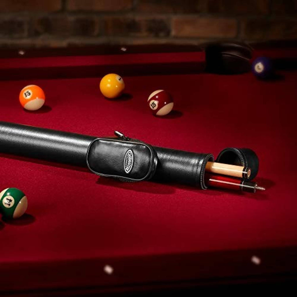 Black hard cue case with zip pocket and cue partially inside
