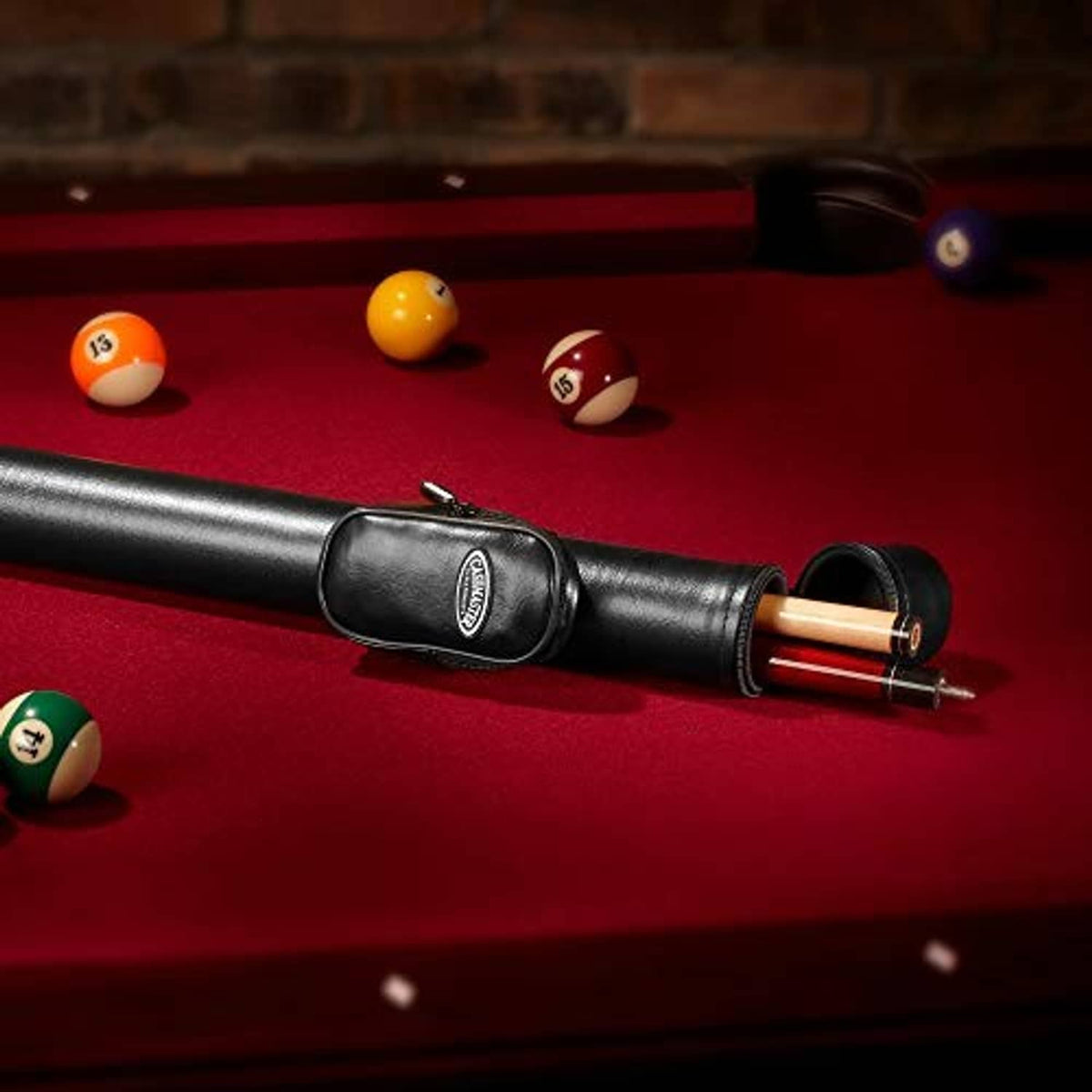 Black hard cue case with zip pocket and cue partially inside