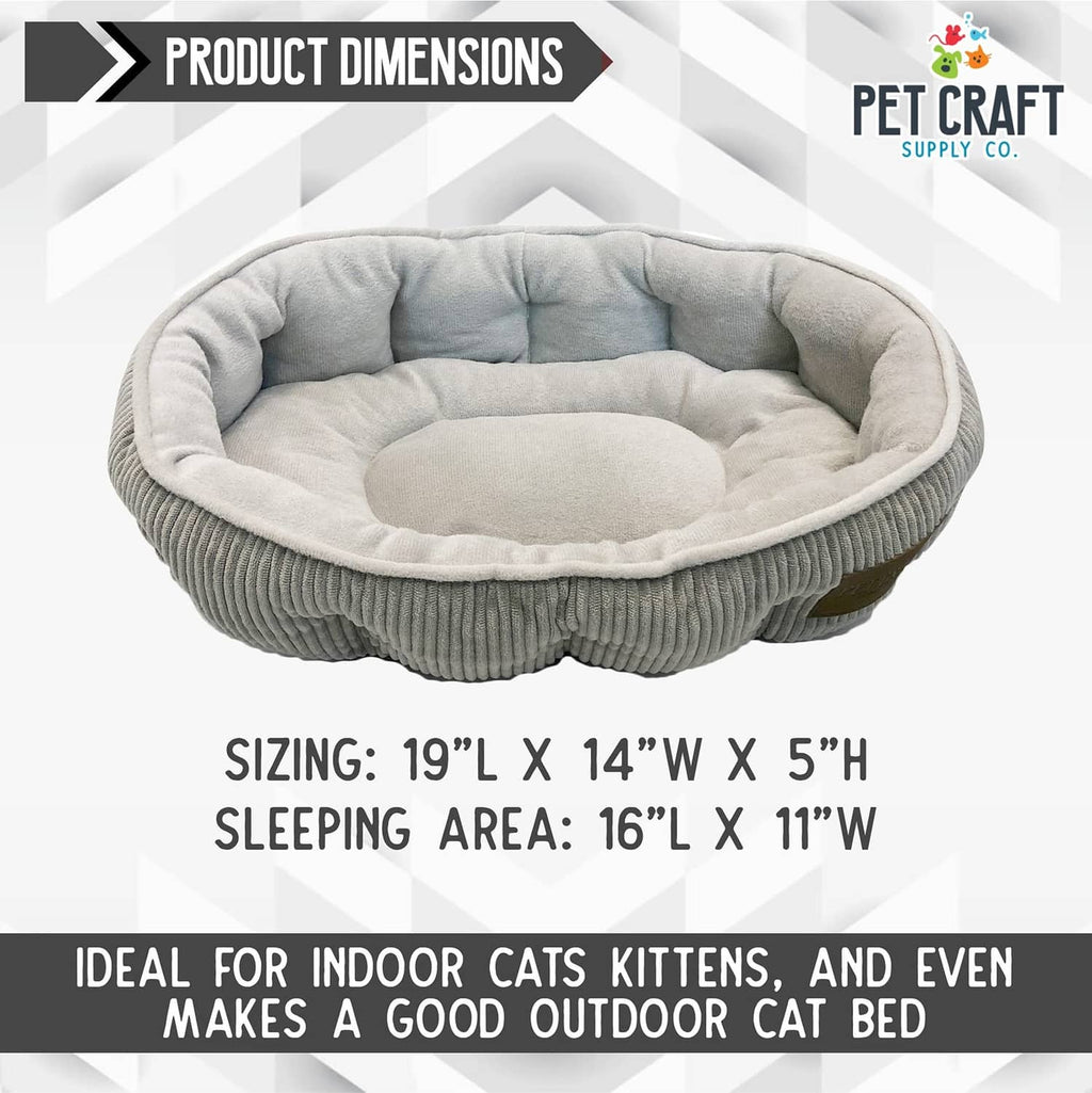 Gray round cat bed dimensions view with thick plush interior and padded rim