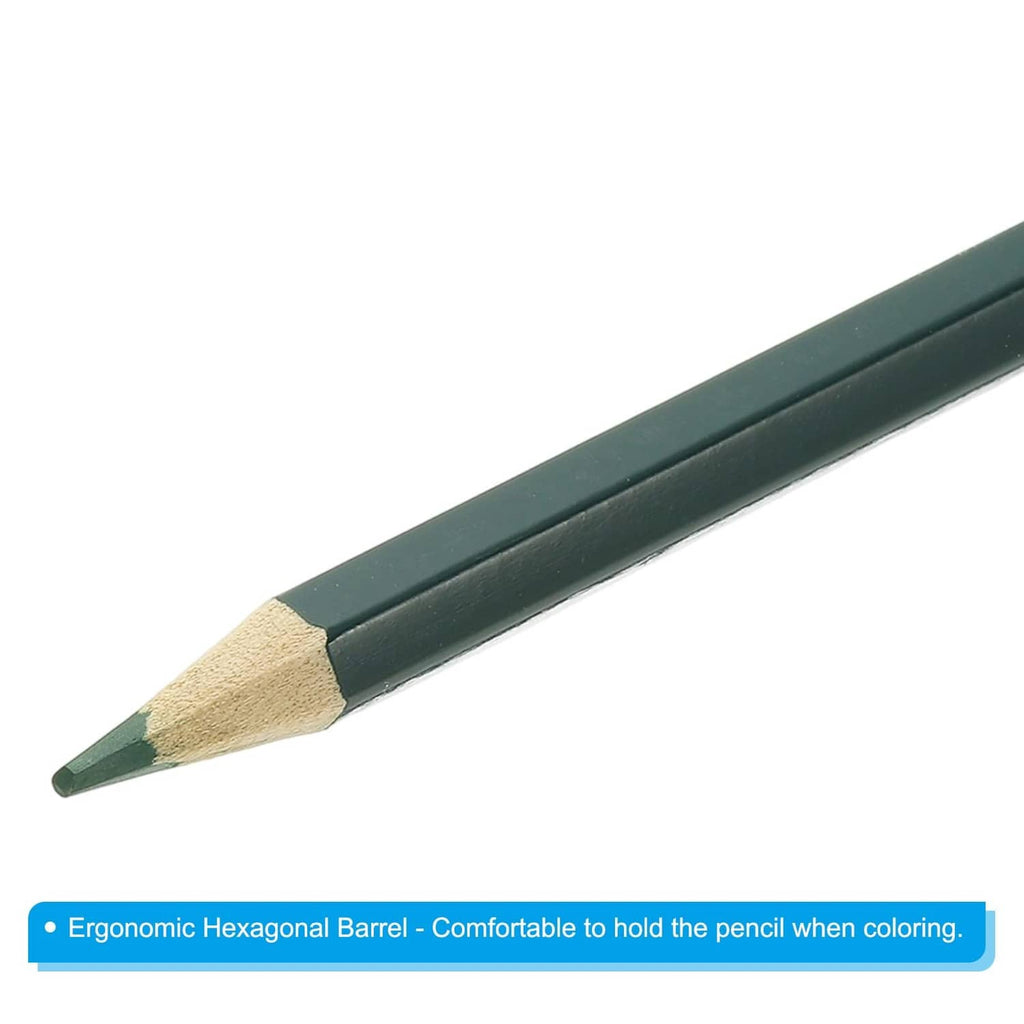 Dark green water-soluble watercolor pencil tip close-up, hexagonal barrel