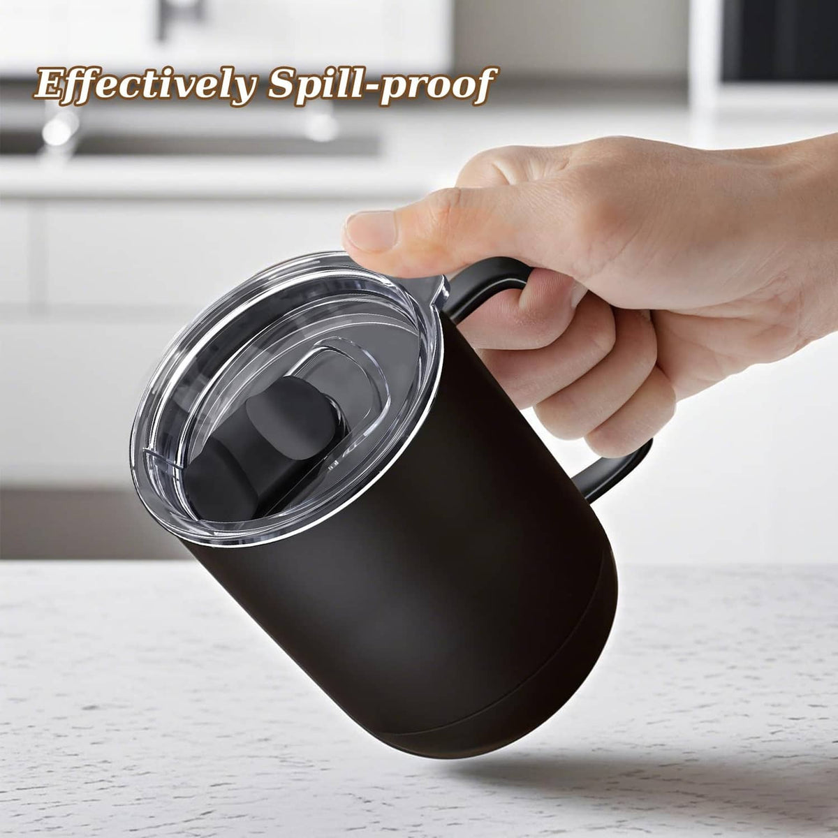 Clear mug lid with black magnetic slider and hand opening the lid