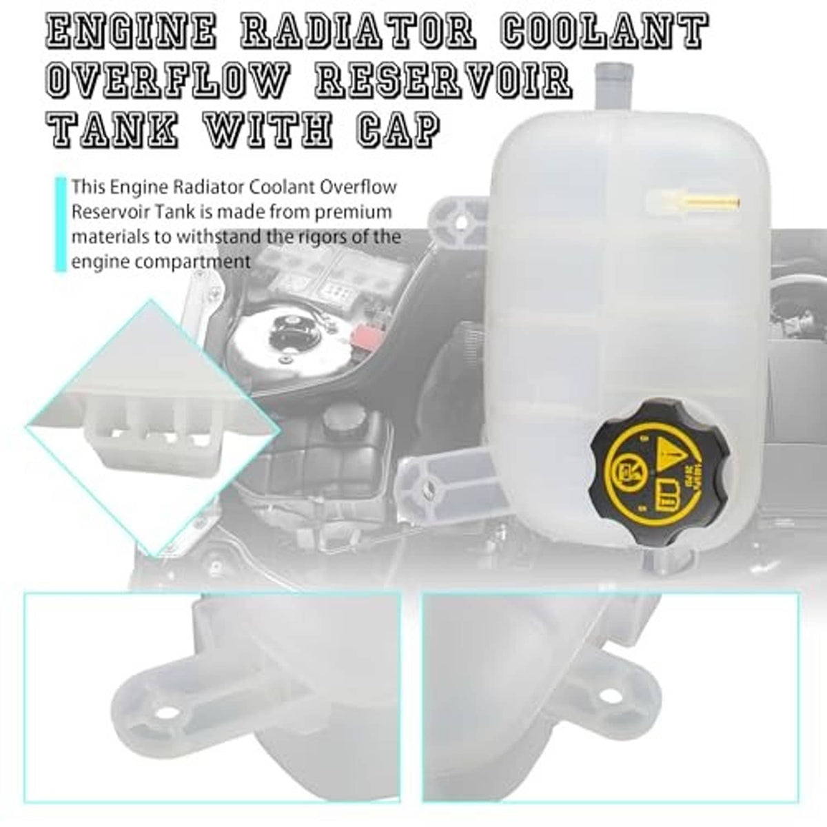 Engine coolant overflow reservoir tank with cap, translucent white plastic