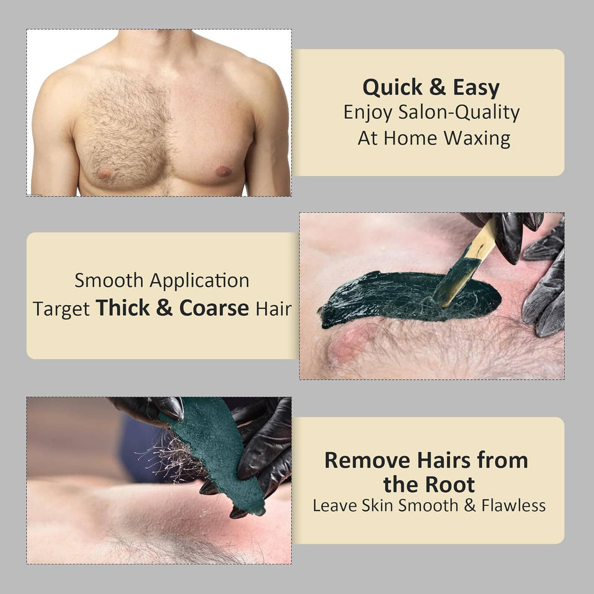 Men's at-home waxing kit with smooth application and hair removal shown on skin