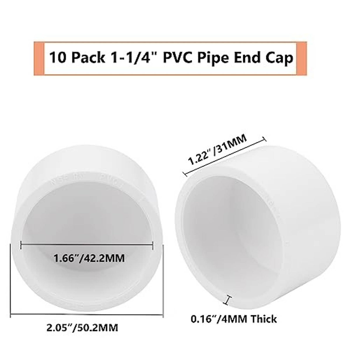 White 1-1/4 in PVC pipe end cap, rounded with open interior