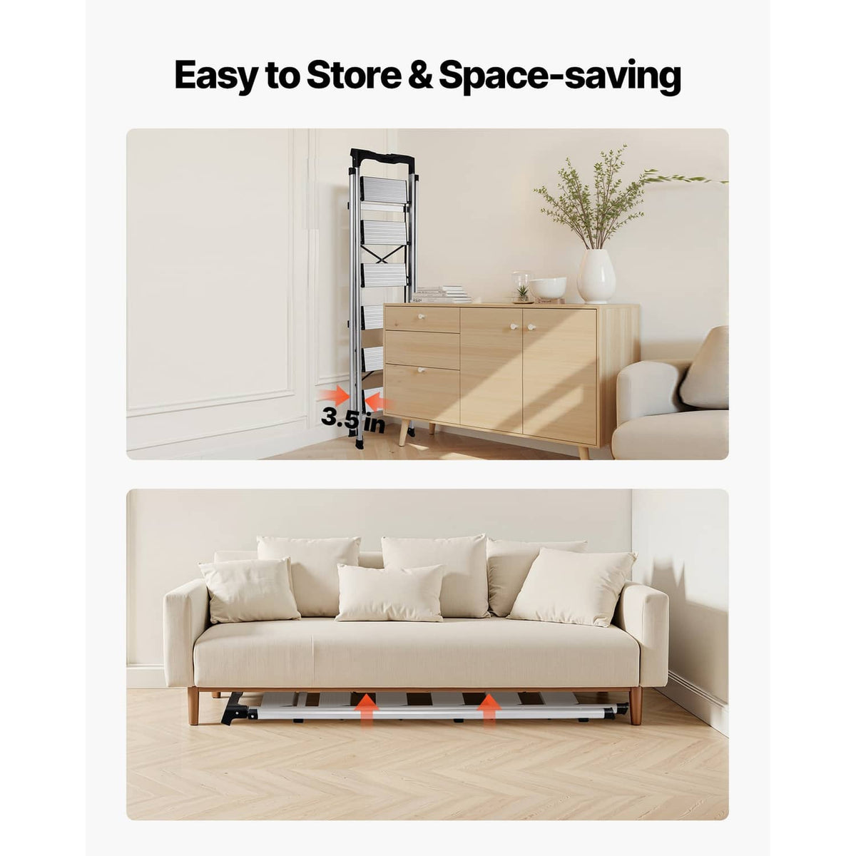 Space-saving folding ladder stored compactly, silver