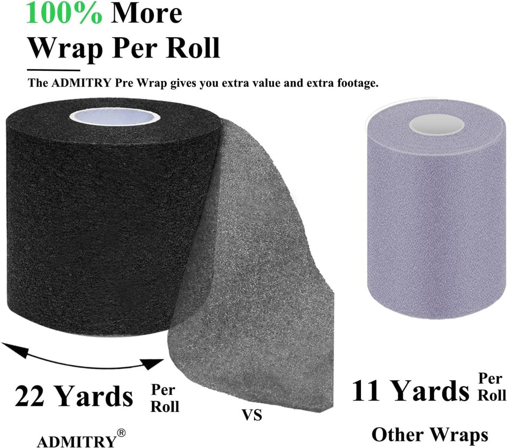Foam athletic pre-wrap tape rolls in black and light purple, side-by-side