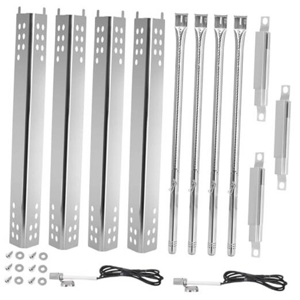 4-burner grill heat shield panels with stainless crossover tubes, brackets, and hardware