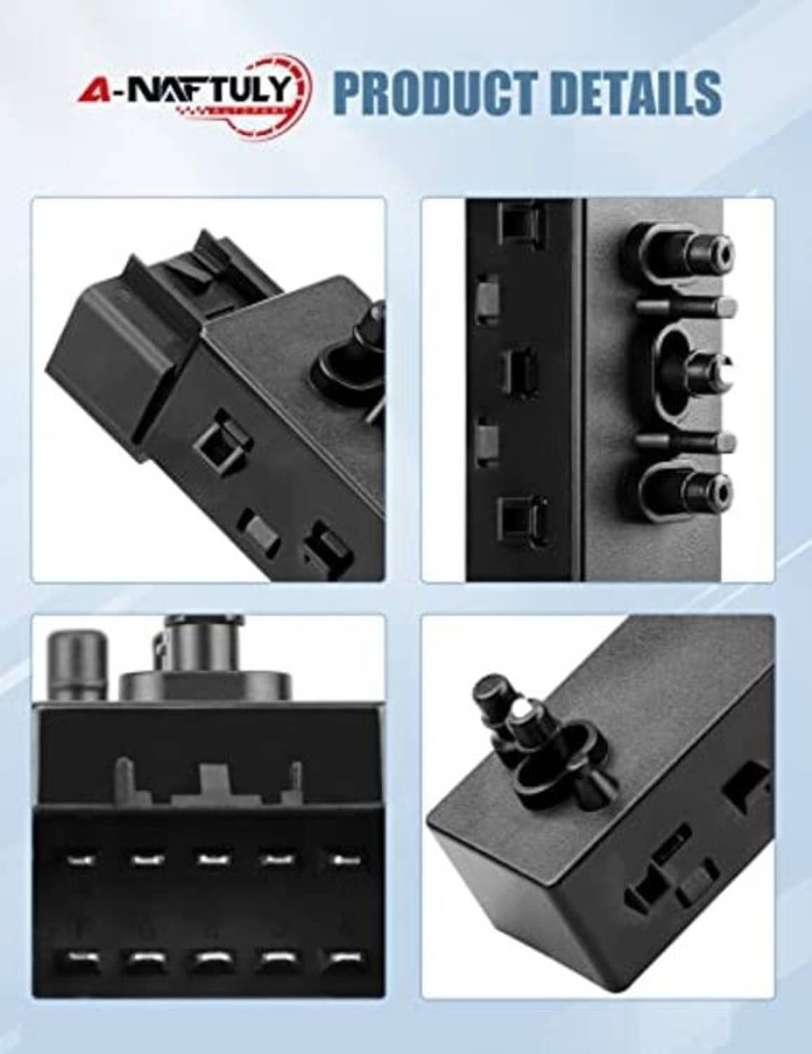 Power seat switch module close-up with multi-pin connectors and button switches, black