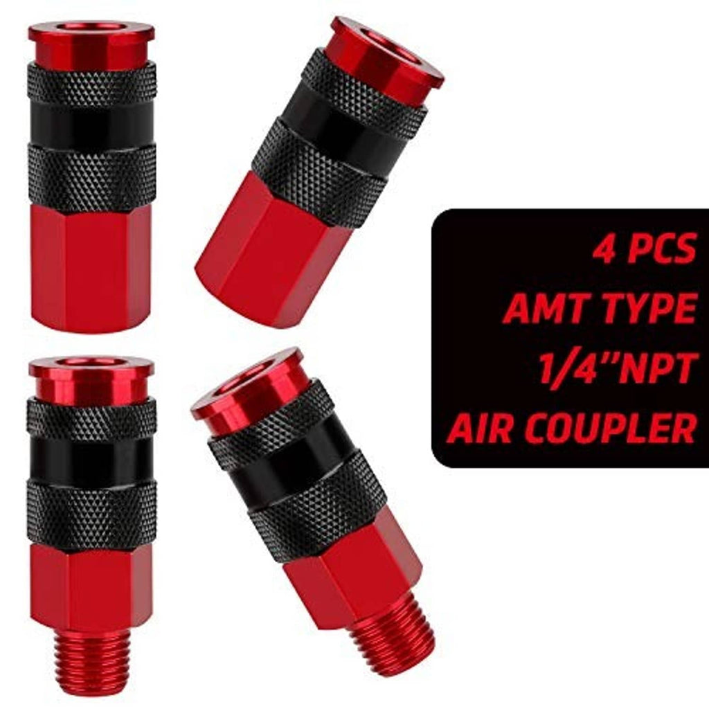 Red air coupler fittings with black knurled grip collars and threaded ends, 4 pcs