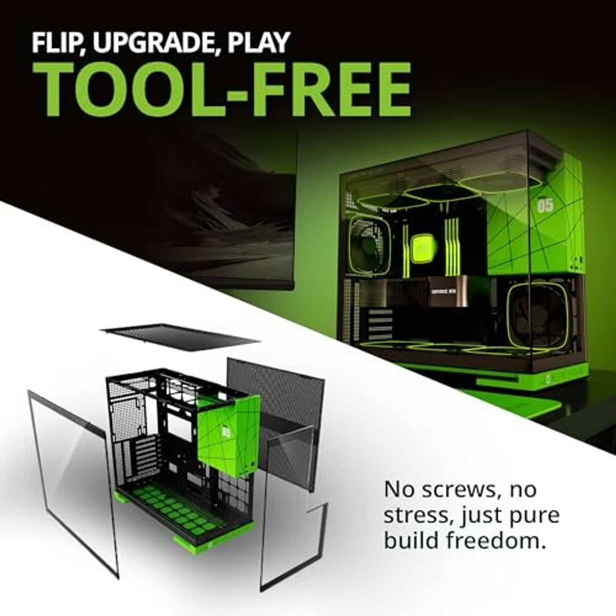 Black PC mid tower with tempered glass panels and green-accented cooling fans