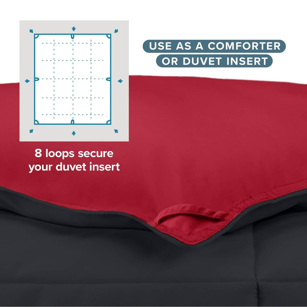Reversible comforter corner close-up, red top with black underside stitching.