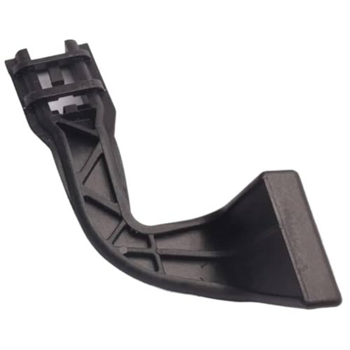 Hood latch release handle, black underside view with mounting clip and tabs.