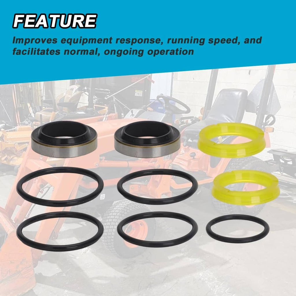 Hydraulic steering seal kit rings arranged for feature view: black and yellow