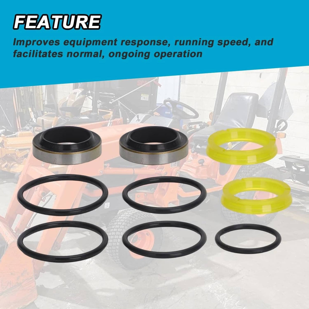 Hydraulic steering seal kit rings arranged for feature view: black and yellow