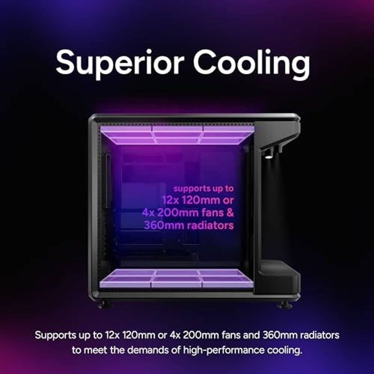 ATX mid-tower PC case interior with cooling fans and radiator mounting area