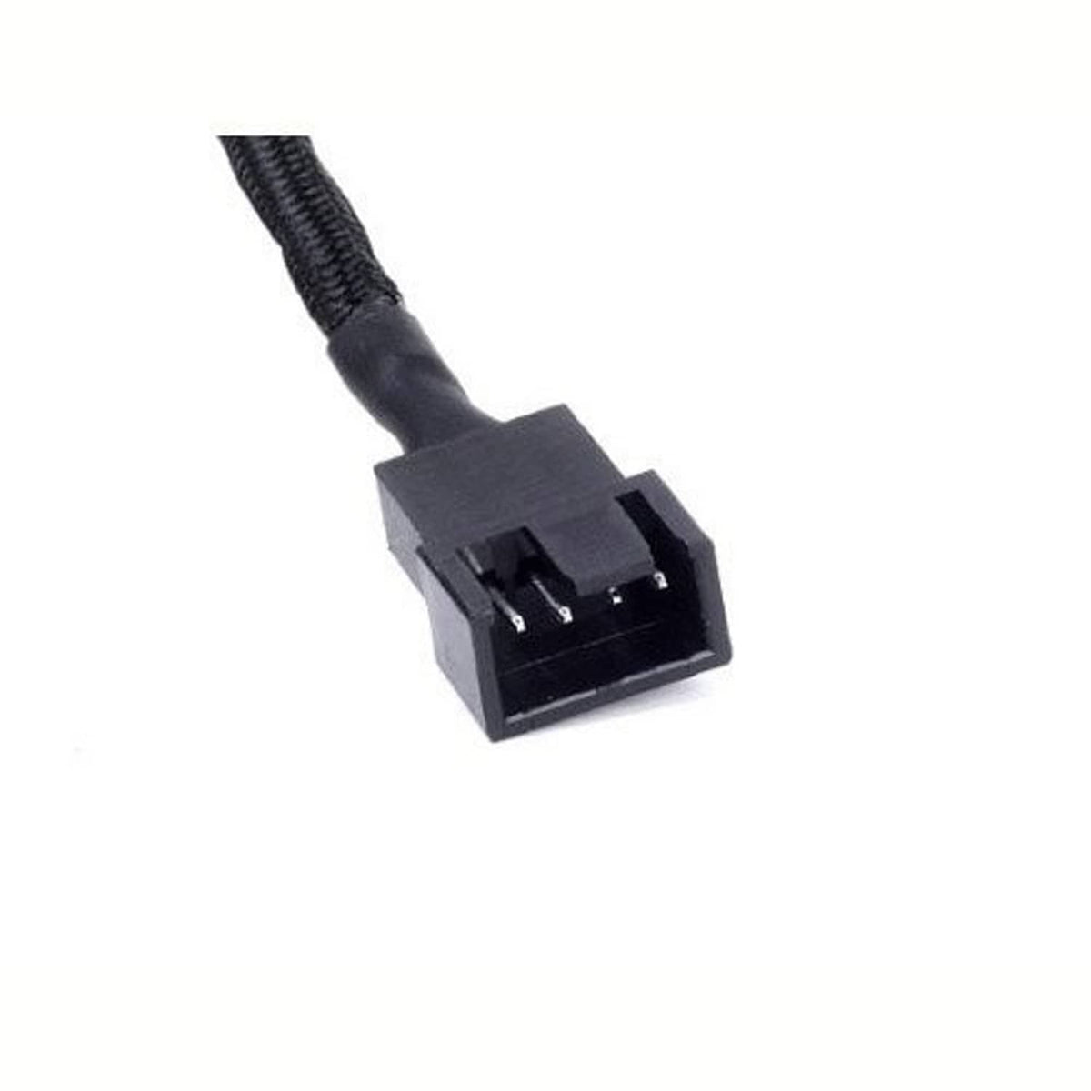 Black PWM splitter cable plug with 4-pin socket, close-up on connector