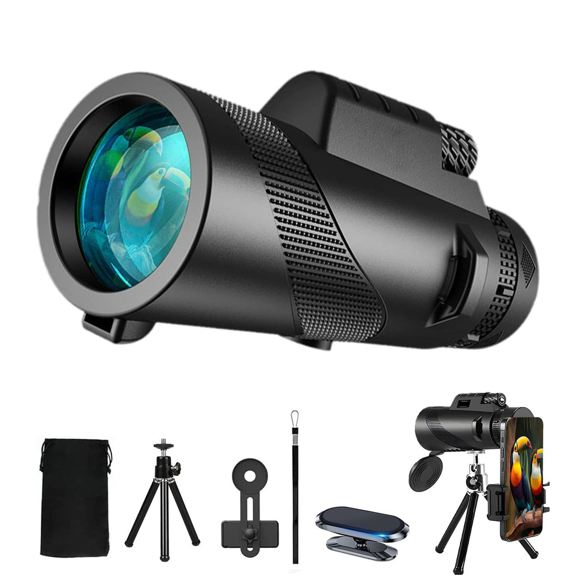 Black monocular telescope with textured grip and large objective lens