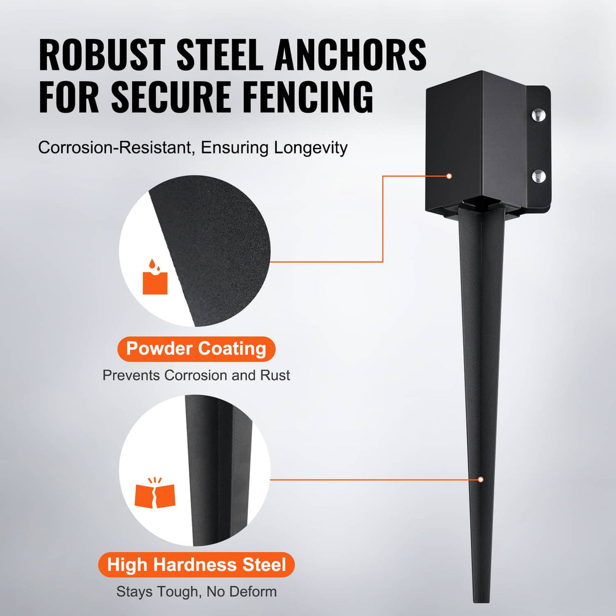 Powder-coated black steel ground spike anchor with side bolts for secure fencing