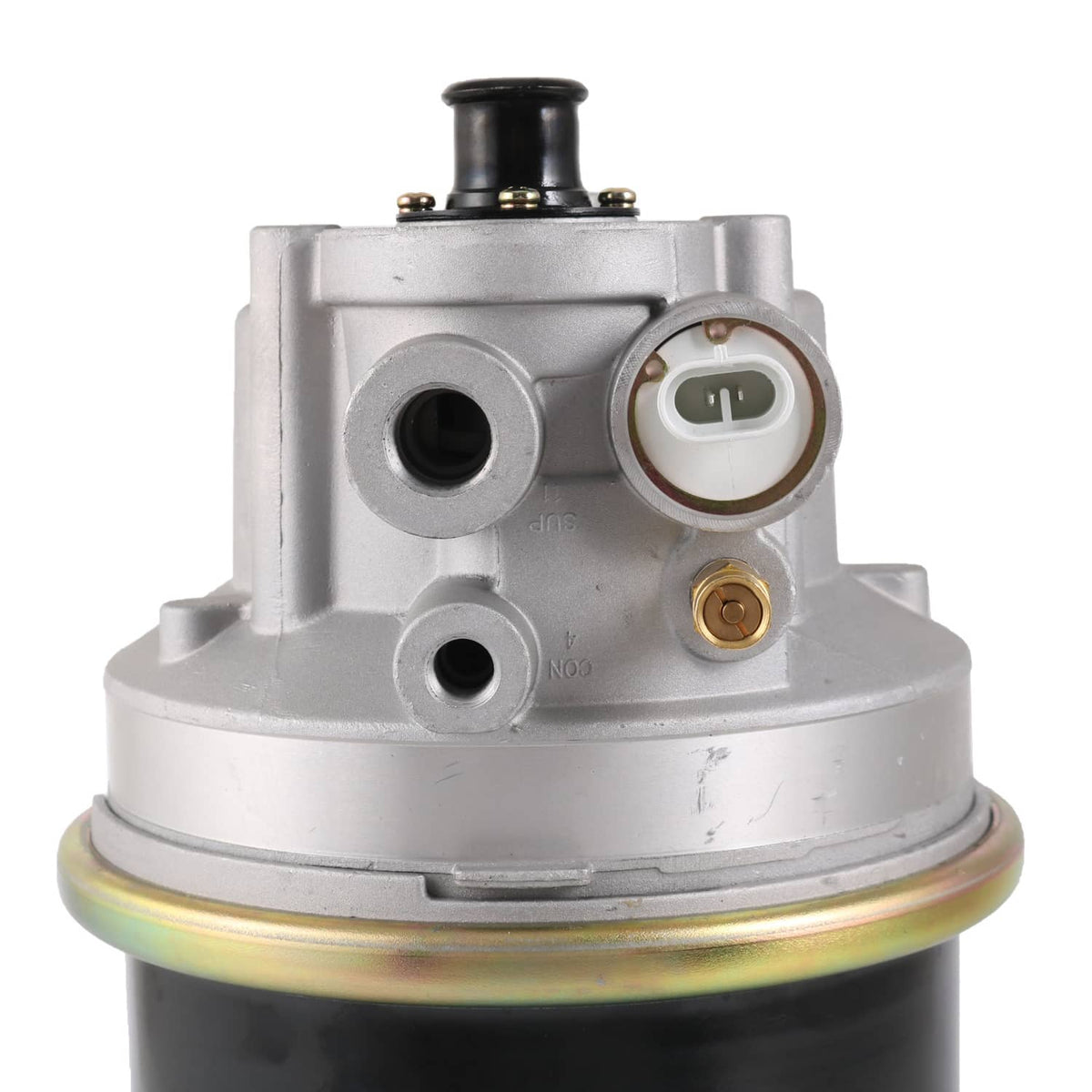 Air dryer housing close-up with black sensor port and white electrical connector socket