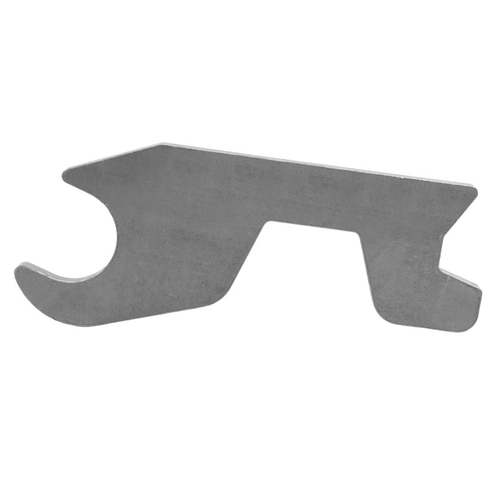 Steel quick-attach bucket ear bracket with wide flat plate and curved cutout, gray