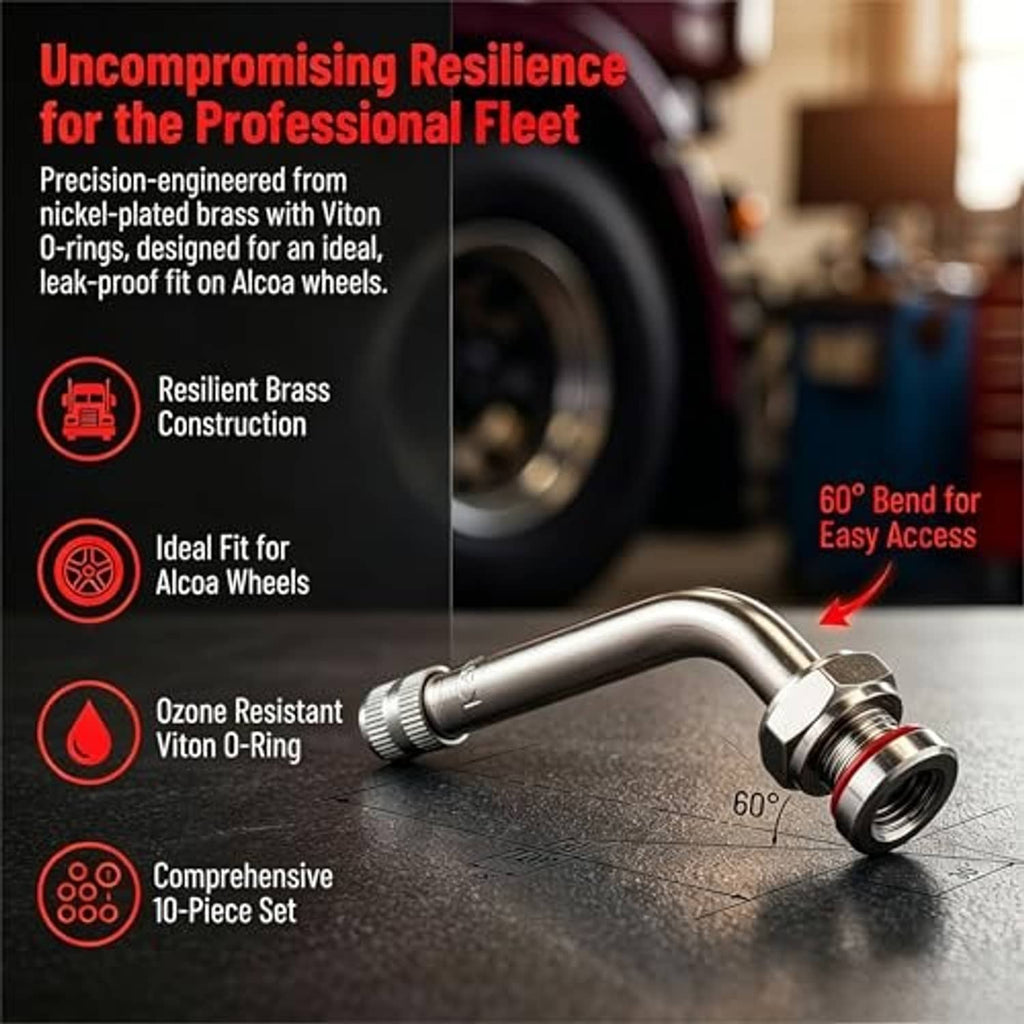 Silver 60° bent truck tire valve stem with knurled cap and red sealing O-ring