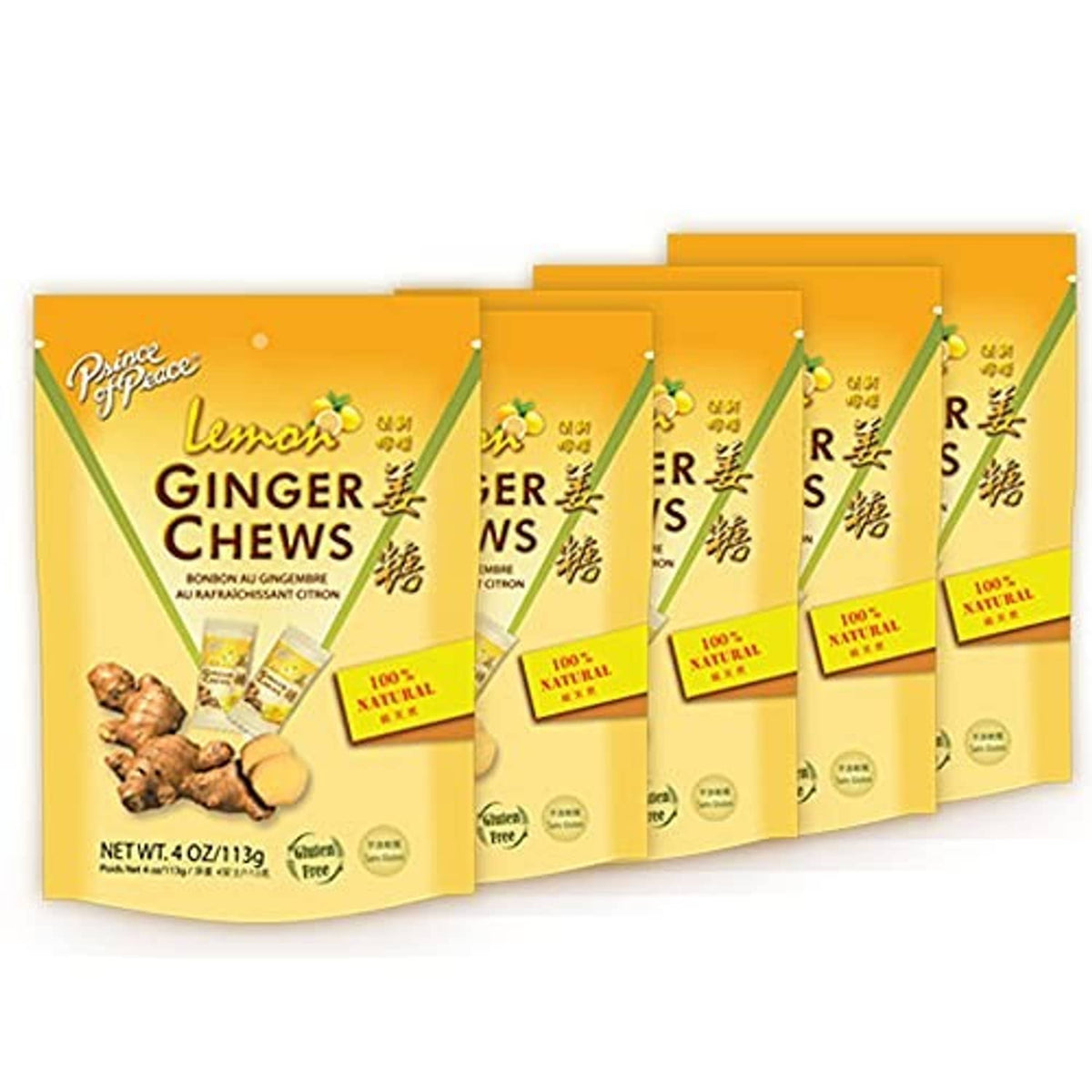 Prince of Peace lemon ginger chews candy packets, 4 oz bag display