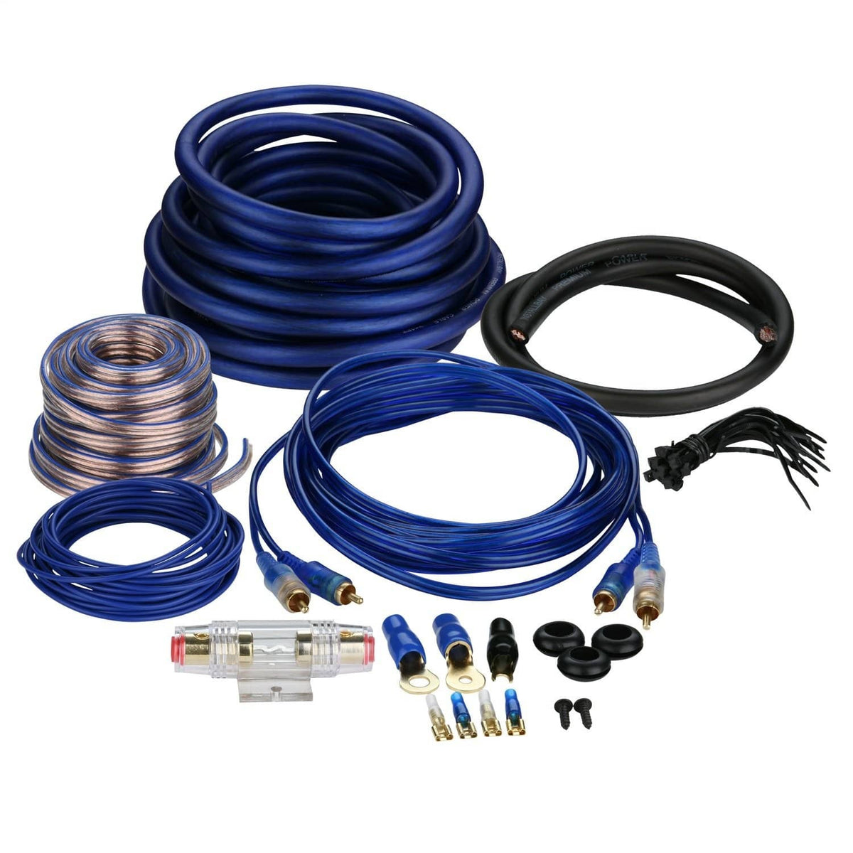 Car amplifier installation wire kit with 17 ft remote turn-on wire, fuse holder, terminals