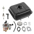 Black gas fuel tank with cap opening, carburetor, hoses, spark plug, and mounting gaskets