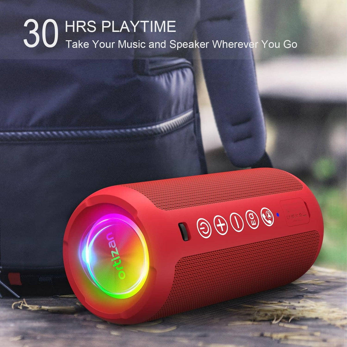 Red Ortizan portable Bluetooth speaker with RGB-lit end ring and side control buttons