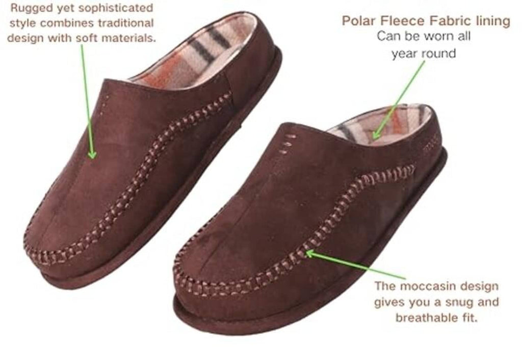 Brown suede moccasin-style slip-on slippers with rounded toe and plaid-lined interior