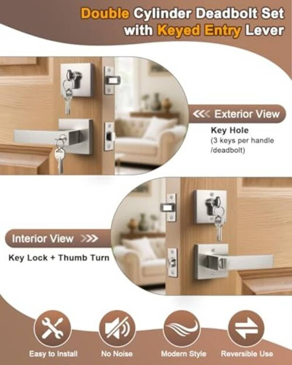 Double-cylinder deadbolt set diagram showing keyed entry lever and key hole