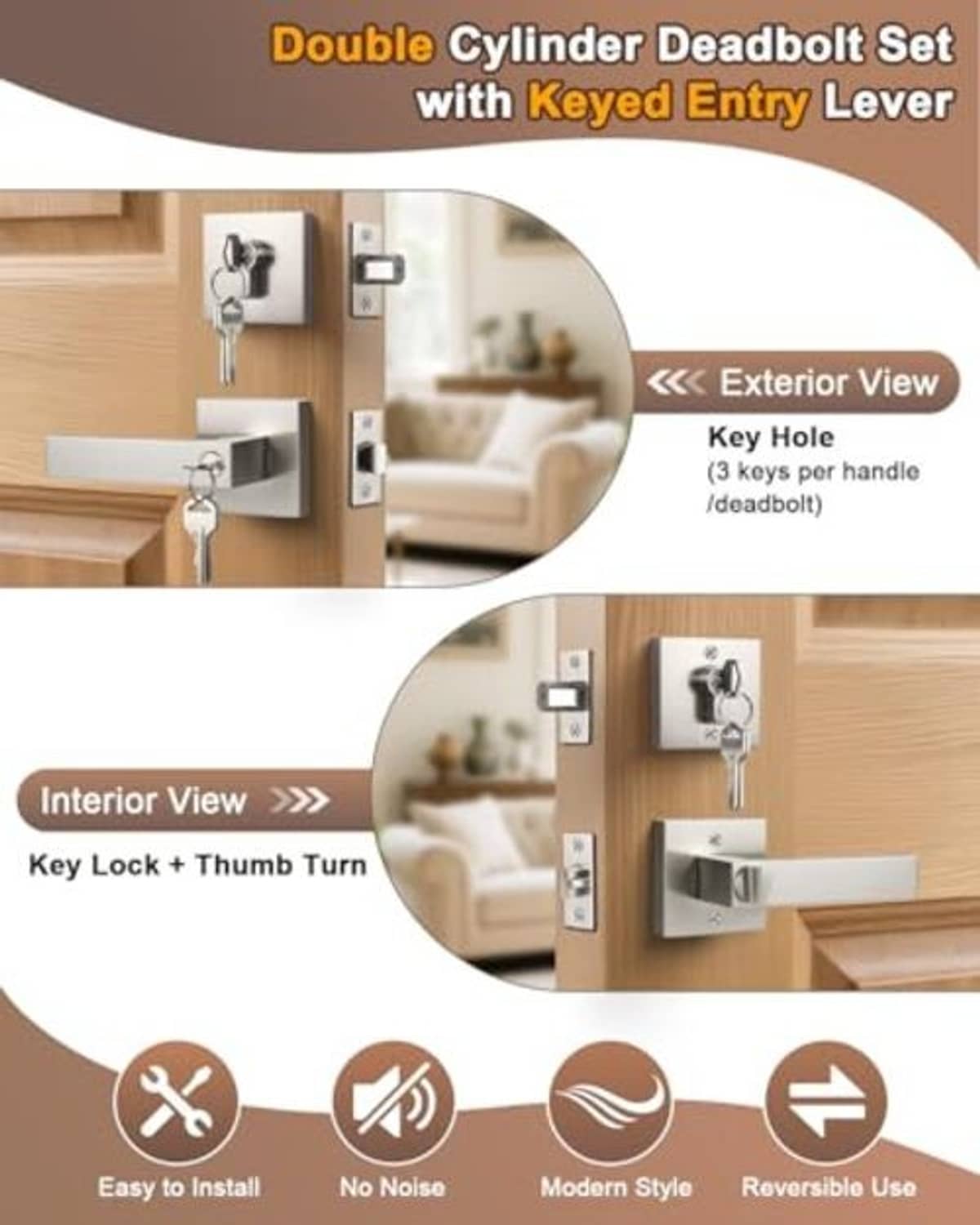 Double-cylinder deadbolt set diagram showing keyed entry lever and key hole