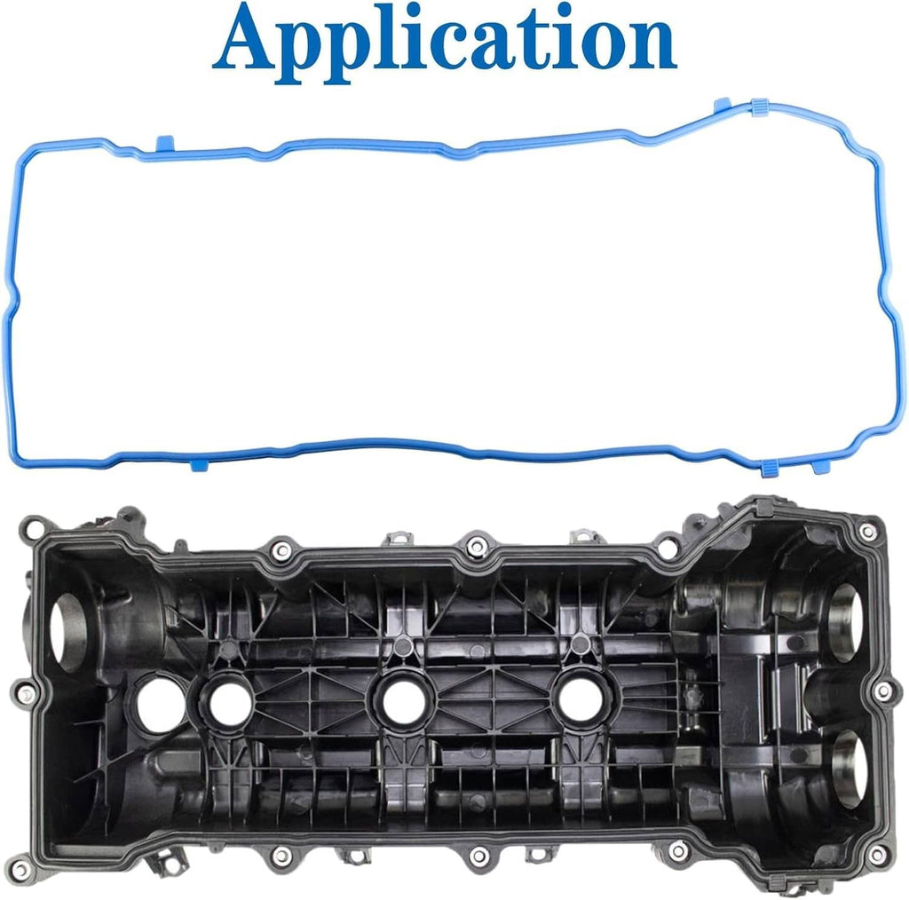 Valve cover gasket kit with blue gasket laid over a valve cover illustration