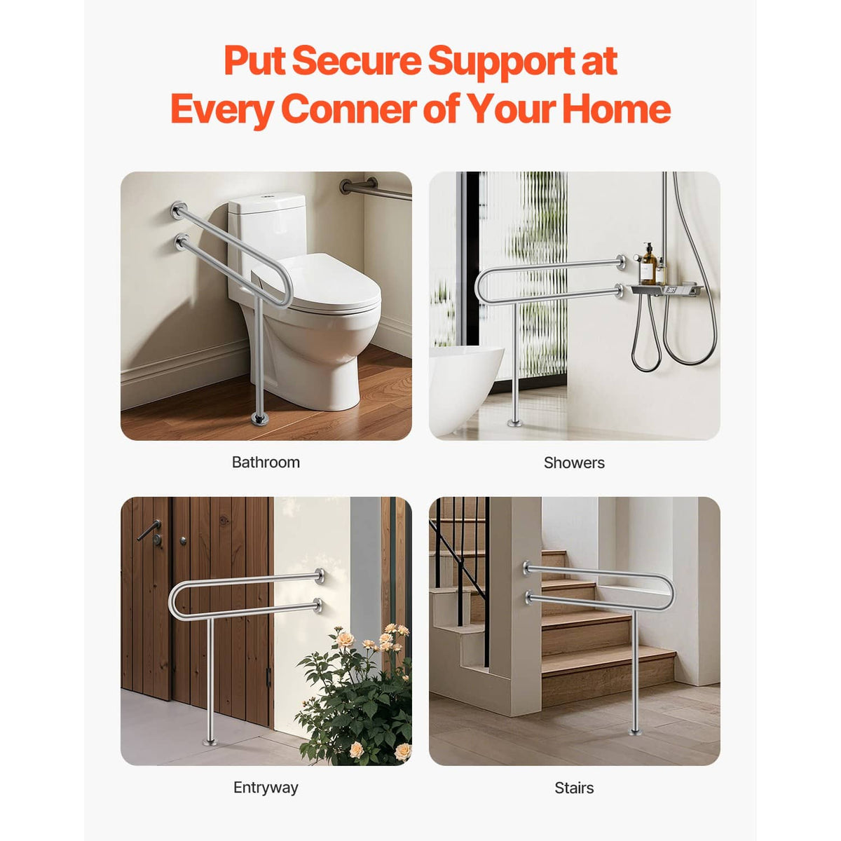 Toilet safety rail shown for bathroom, showers, entryway, and stairs placement