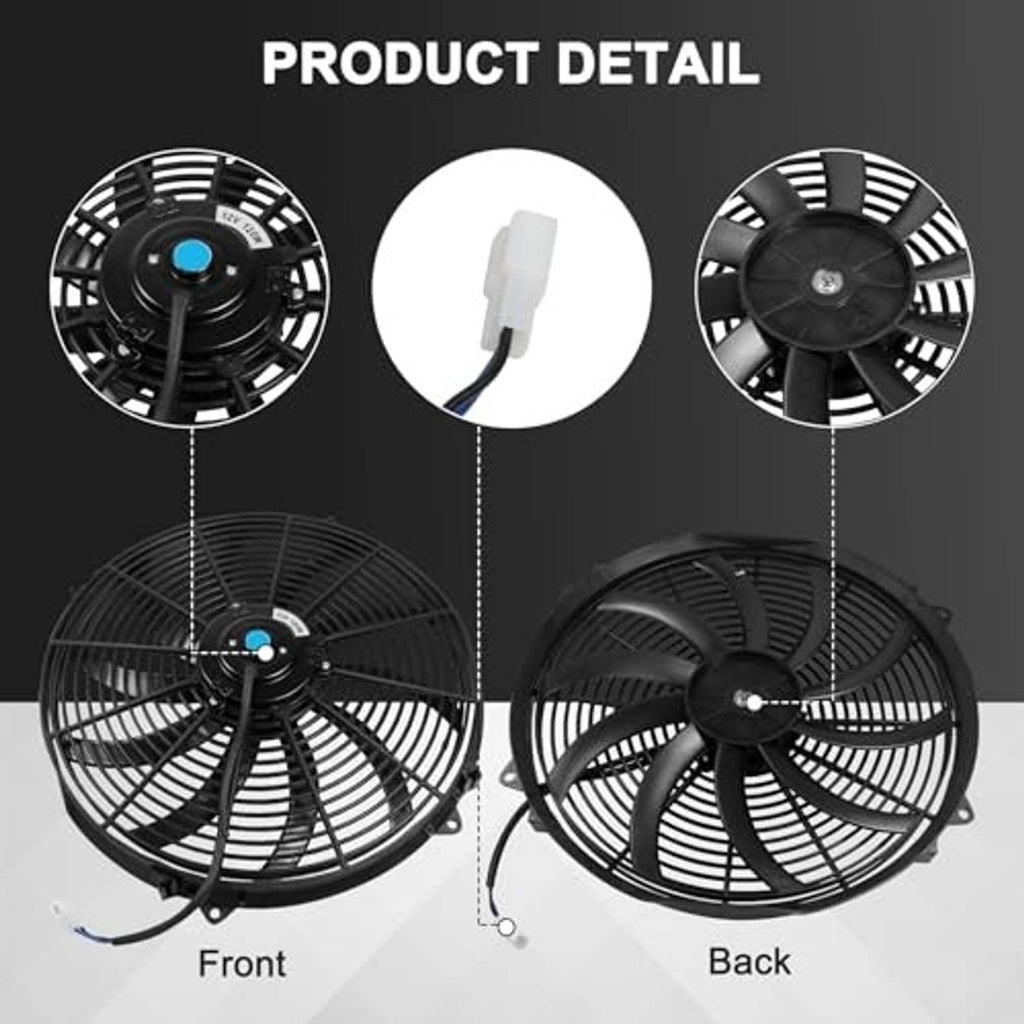 Radiator cooling fan front and back views with fan blades and blue hub