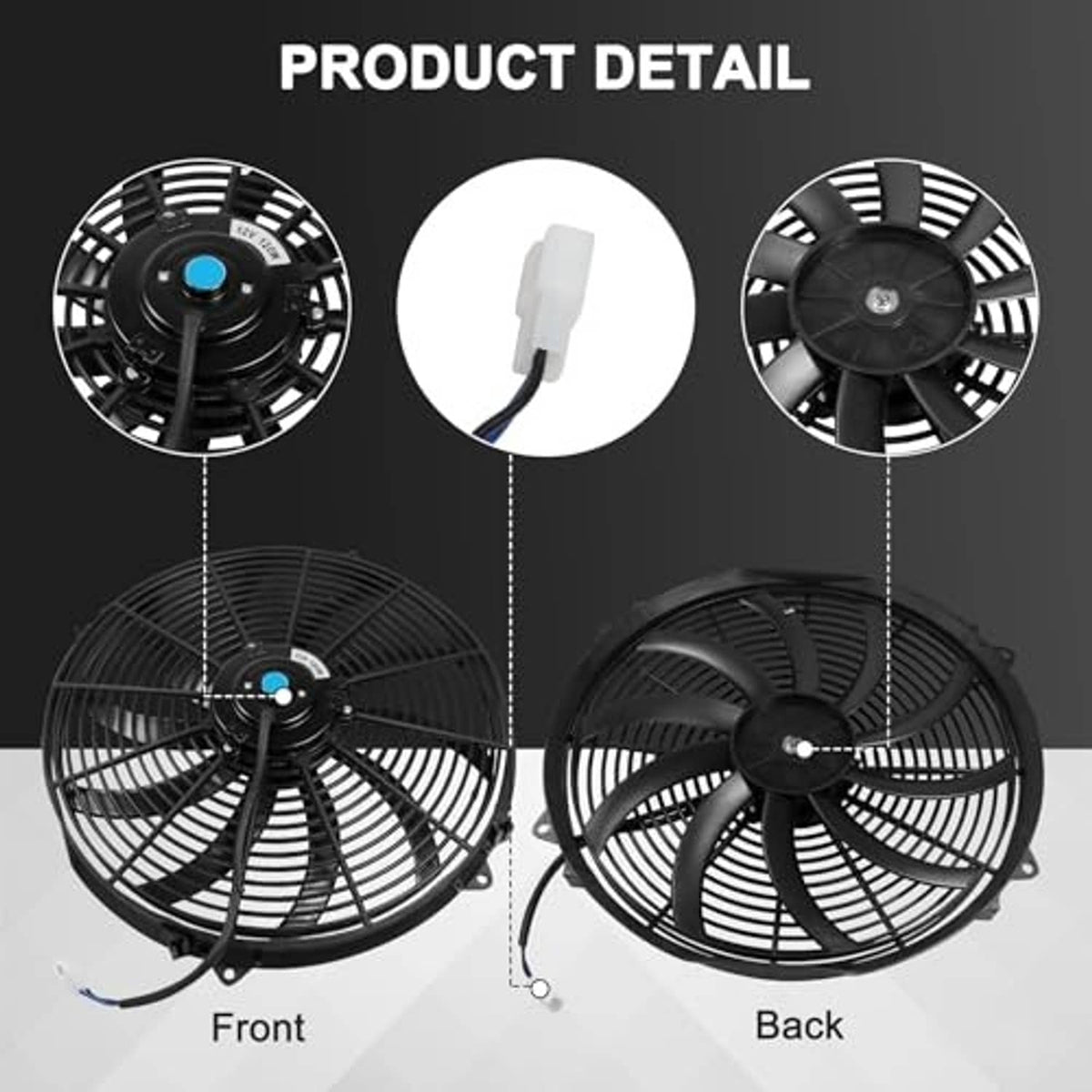 Radiator cooling fan front and back views with fan blades and blue hub