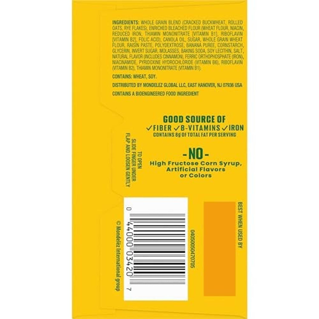 Belvita soft baked banana bread biscuits ingredient panel on yellow wrapper