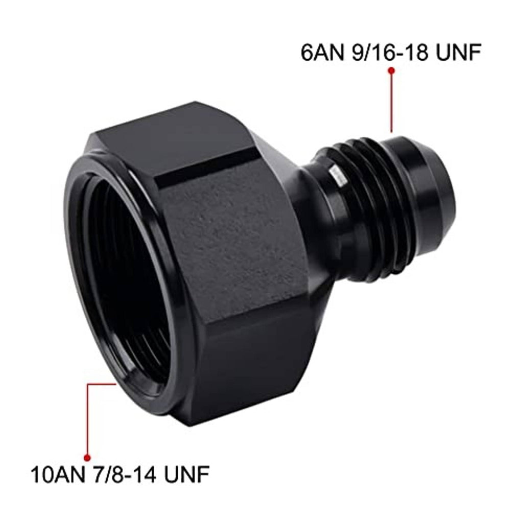 Black AN flare reducer adapter with stepped flare and threaded ports