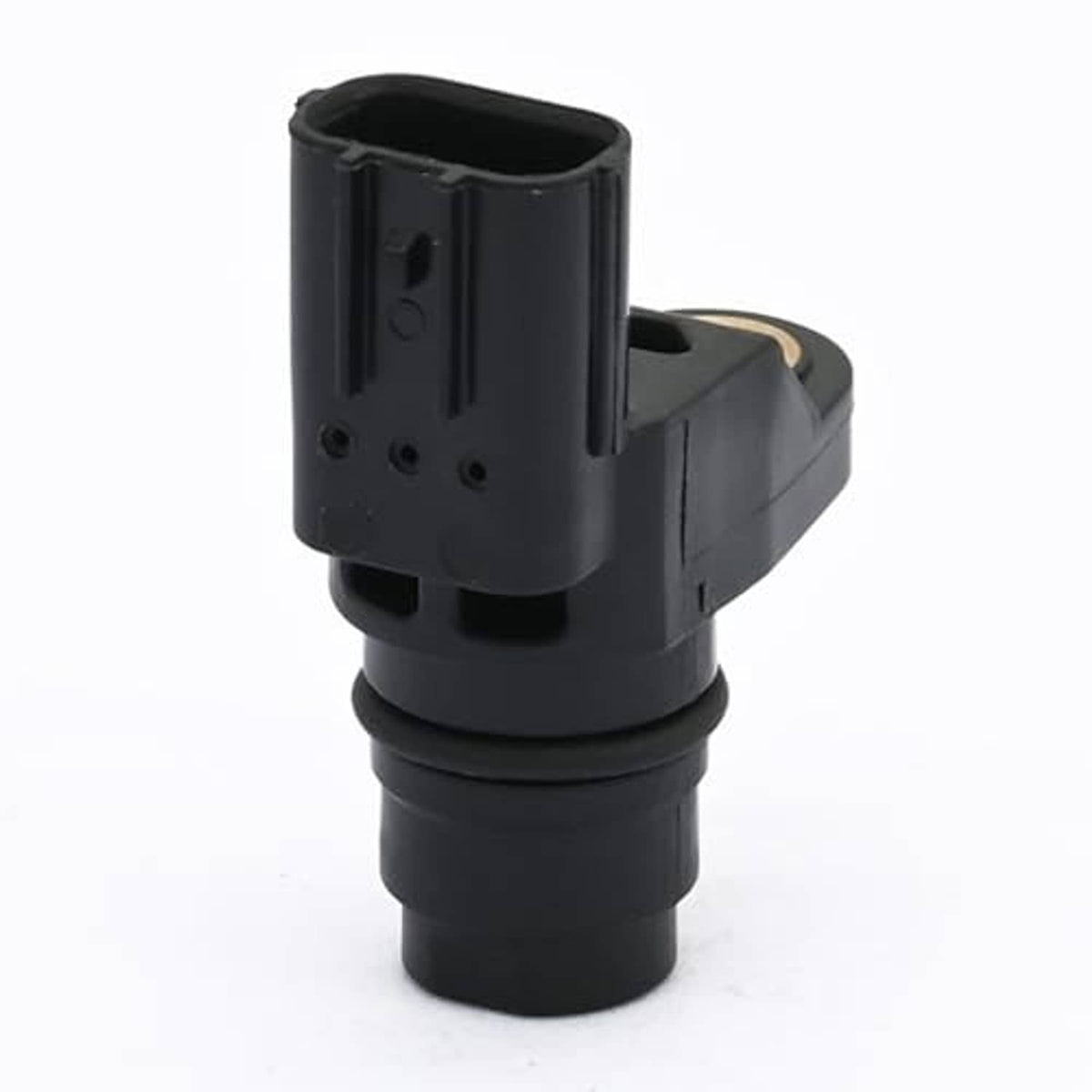 Black camshaft position sensor with gold terminal, rear view of connector housing