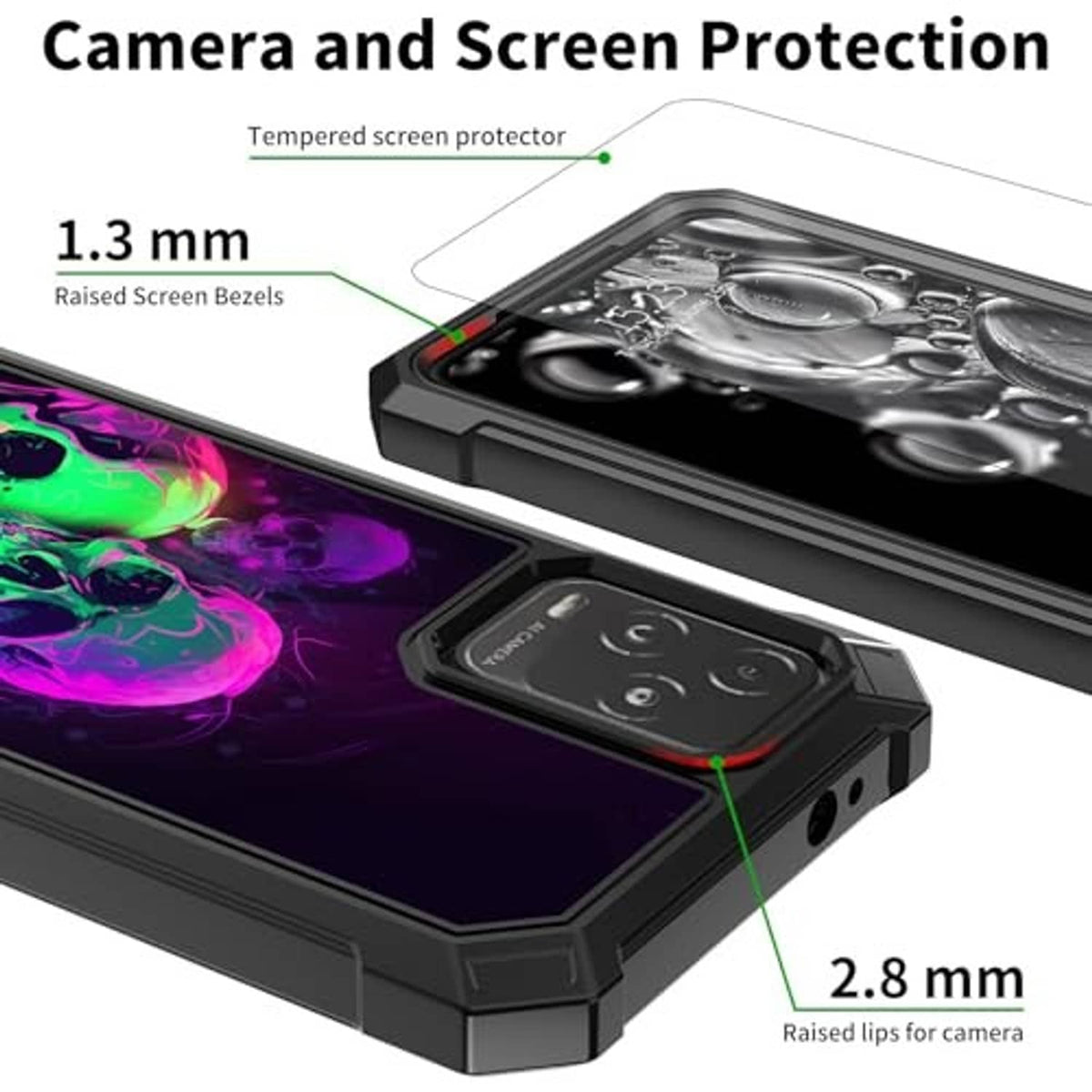 Rugged phone case with screen protector, raised camera bezel over neon skull art