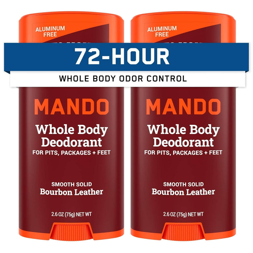 Mando whole body deodorant smooth solid stick, bourbon leather scent, 72-hour odor control