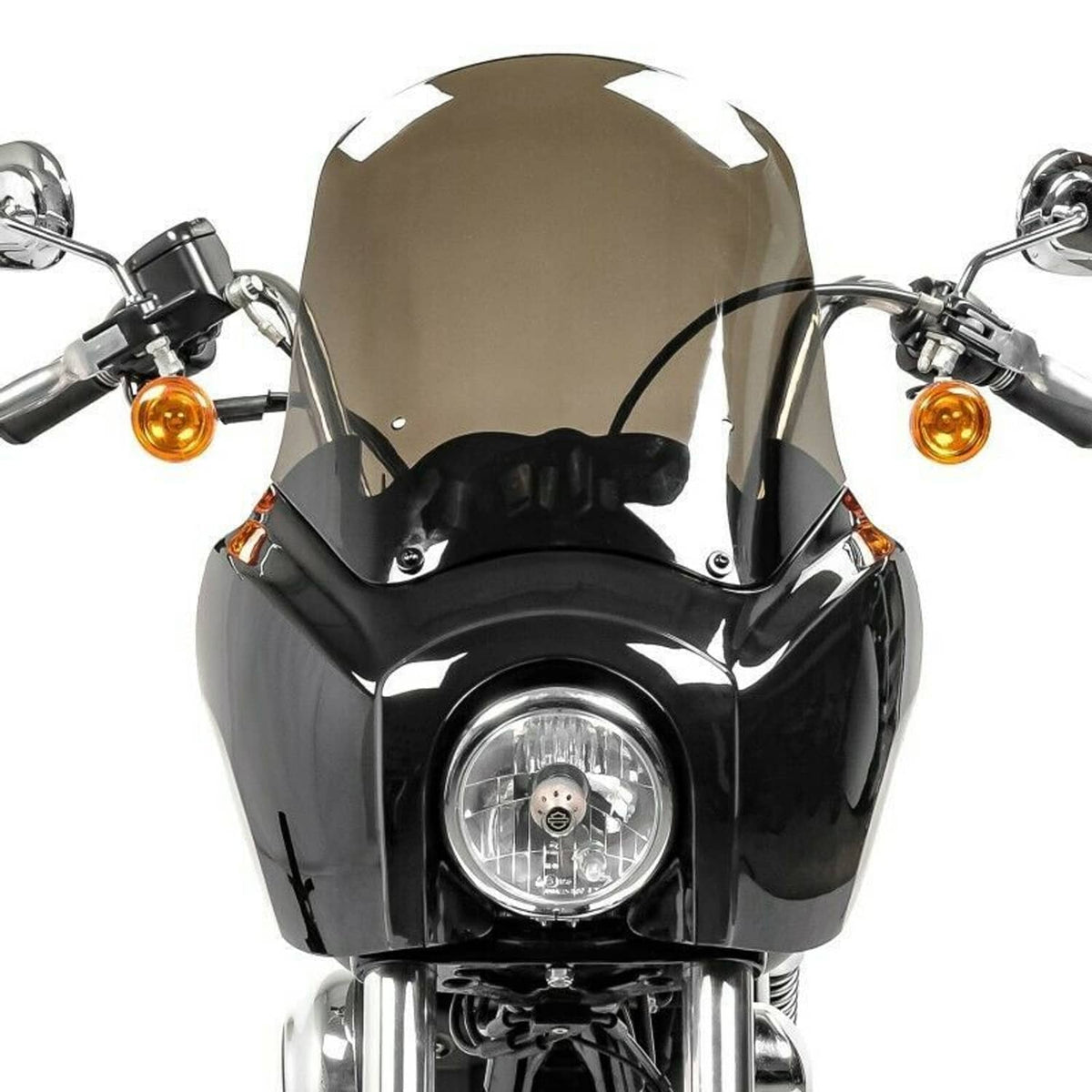 Front view of smoke windshield and black fairing with round headlight opening