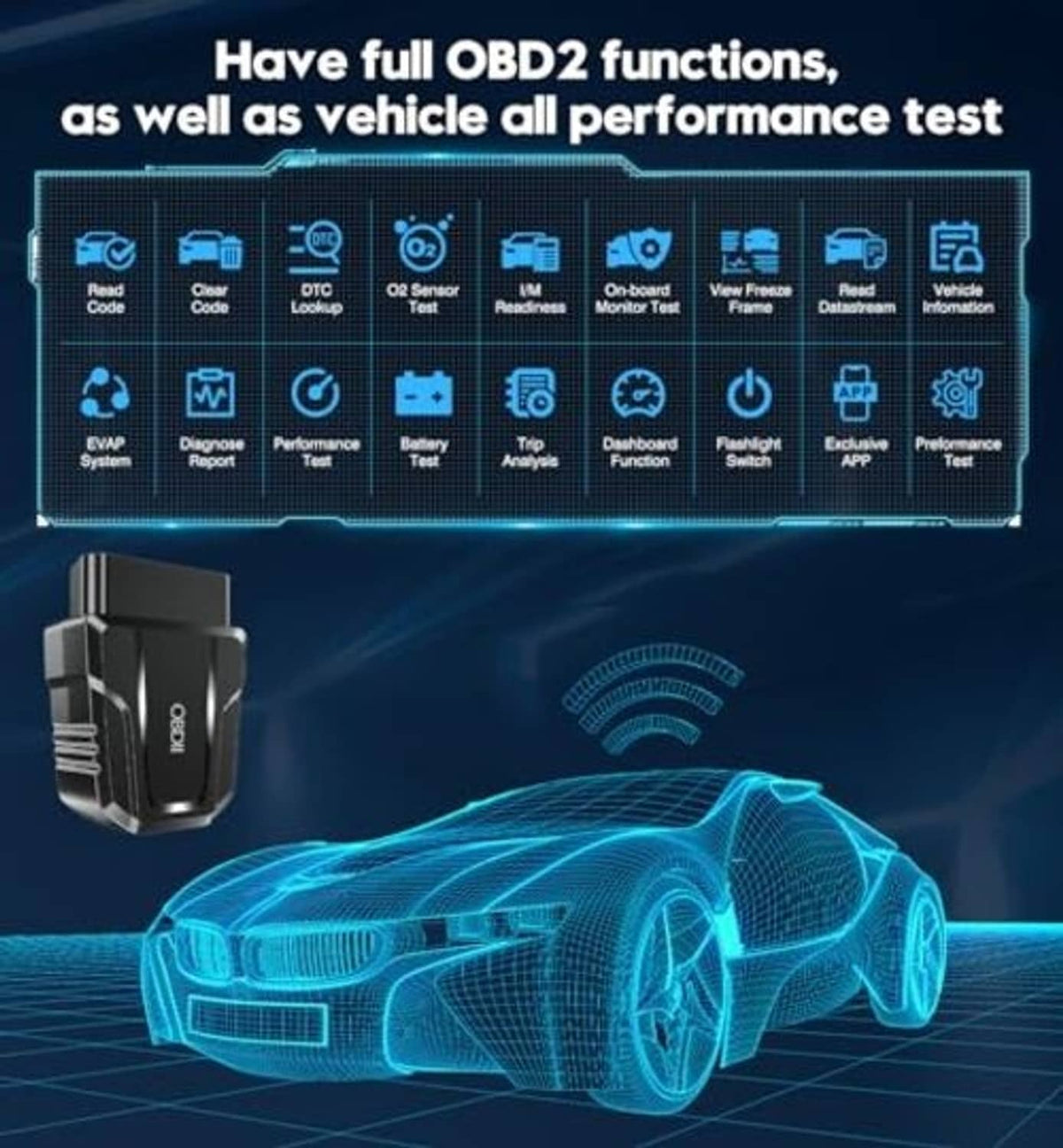 Black OBD2 Bluetooth scanner with diagnostic icon features display and Wi‑Fi-style signal