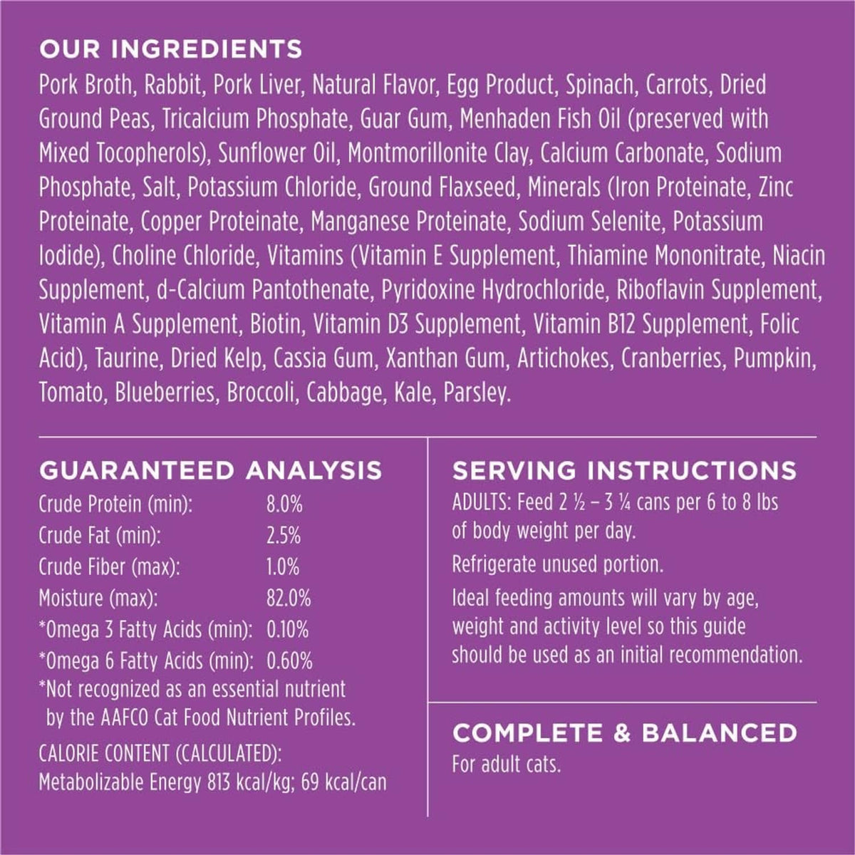 Cat food label with ingredients, guaranteed analysis, and serving instructions
