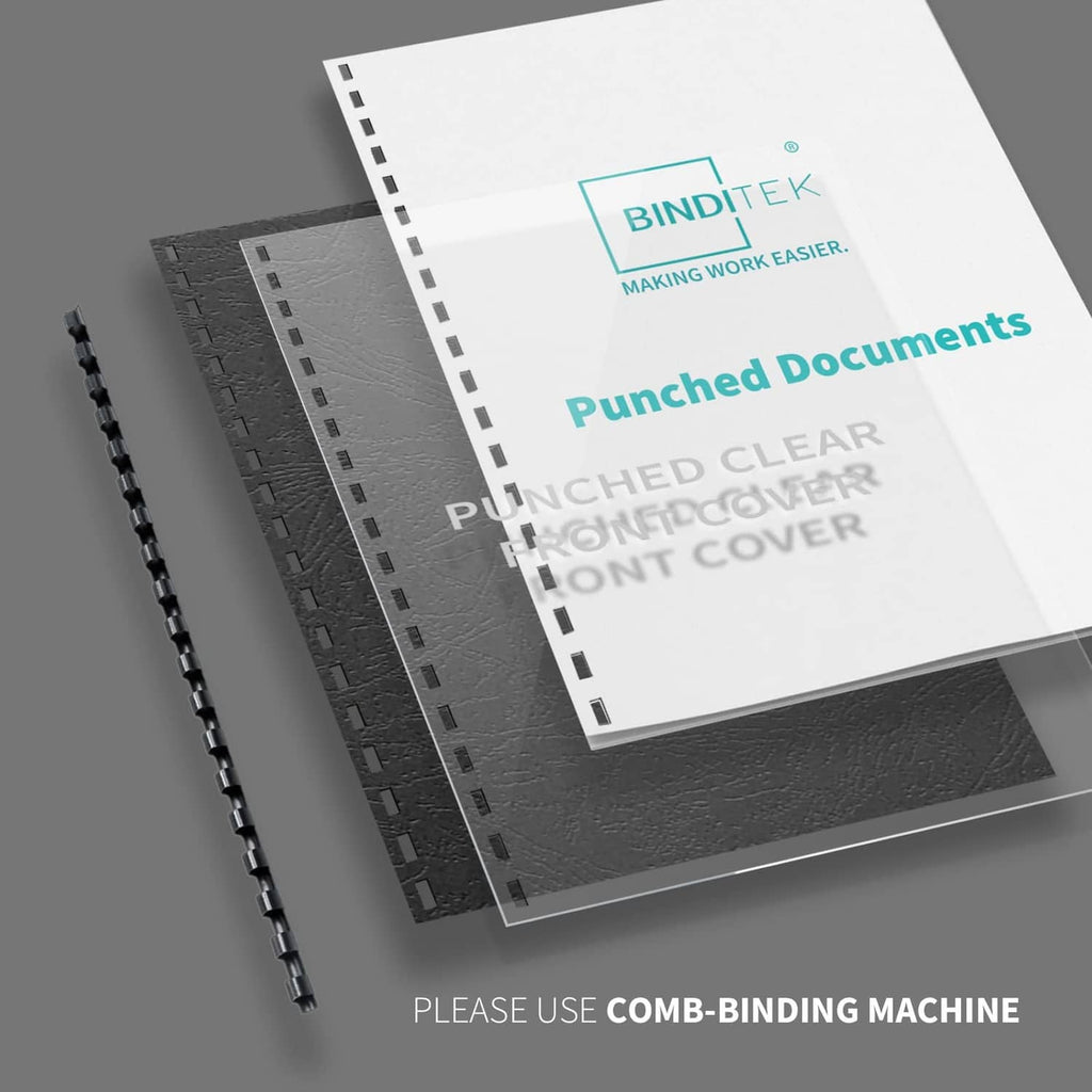 Black plastic comb binding spine with punched document sheets and clear cover