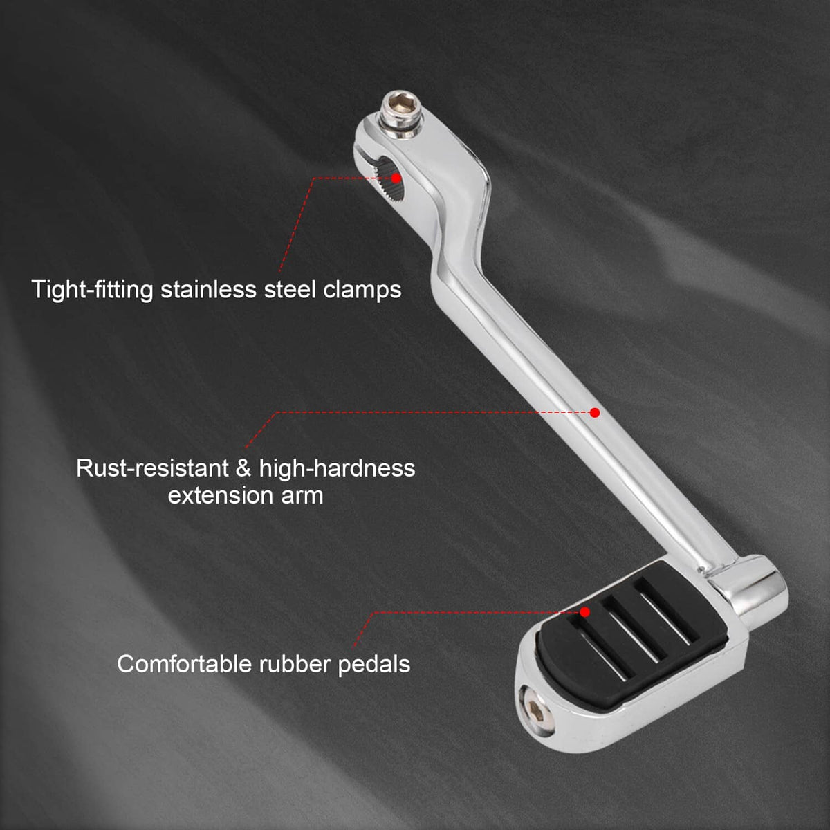 Motorcycle heel-toe shift lever with textured black pedals and stainless mounting clamps