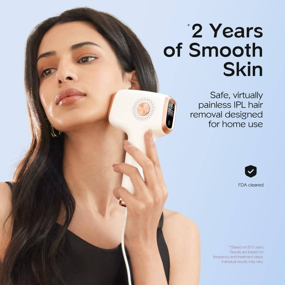 Handheld IPL hair removal device gently applied to face area