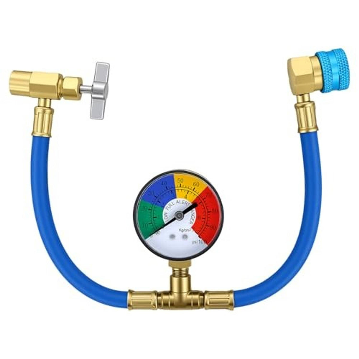 Charging hose kit with blue hose and brass pressure gauge manifold with dual fittings