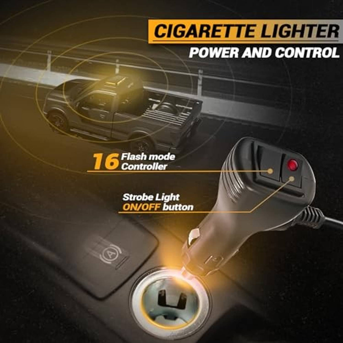 Cigarette-lighter power control for strobe lights with red on/off switch