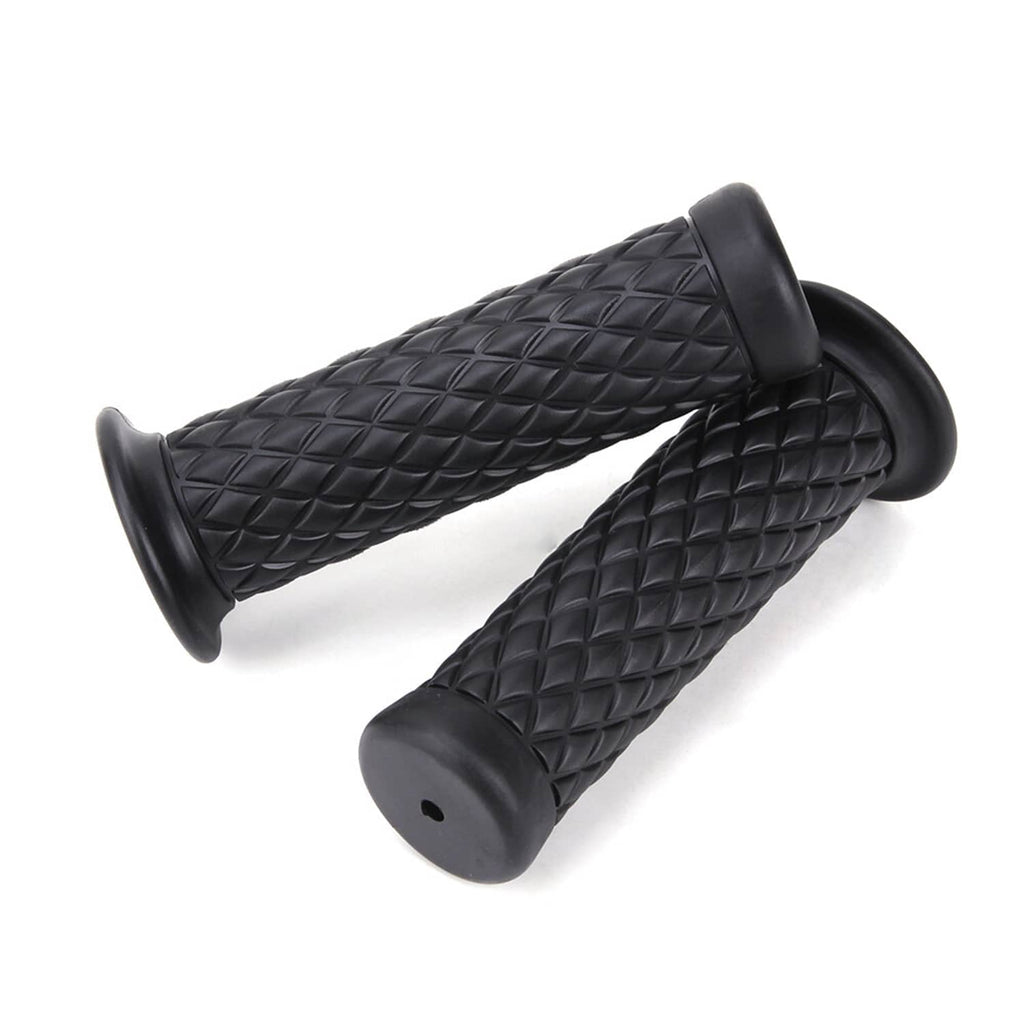 Pair of black motorcycle hand grips with raised diamond grid texture and flared ends